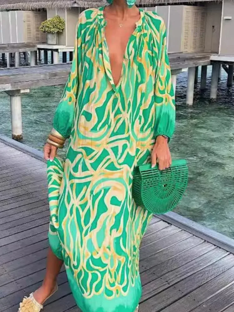 

Women Casual Print Loose Dress Fashion Long Sleeve V Neck Pullover Dresses Robe Femme Holiday Beach Skirt Womens Clothing Summer