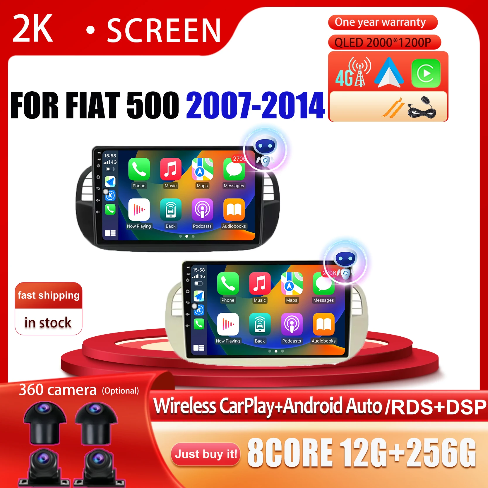 

9inch Android 14 Touch Screen Car Player Radio GPS RDS WIFI Bluetooth Steering Wheel Control Stereo for FIAT 500 2007 2008-2014
