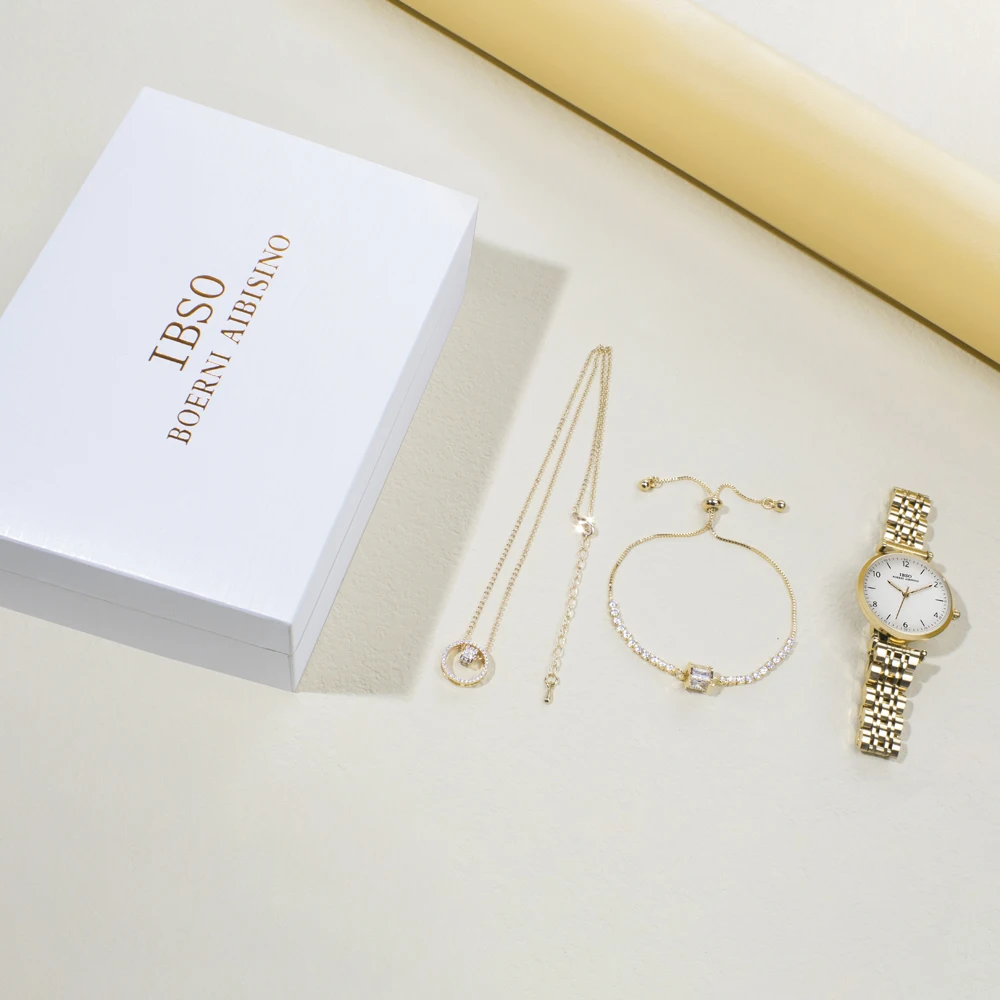 IBSO New Women Quartz Watch Set Luminous Zircon Dial Necklace Bracelet Jewelry Set Watch Ladies 3ATM Waterproof Stainless Steel