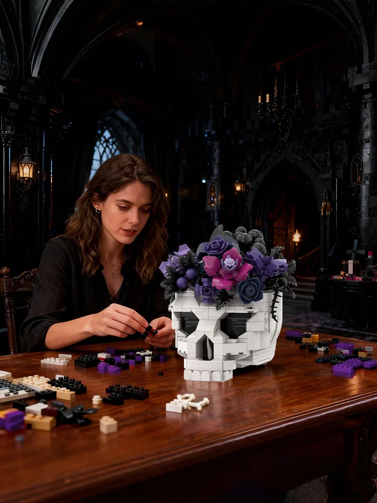 

Gobricks MOC Skull Roses Bouquet Building Blocks Gothic Purple Skull Flowers Home Decorate Bricks Model Assembly Toys Kids Gifts