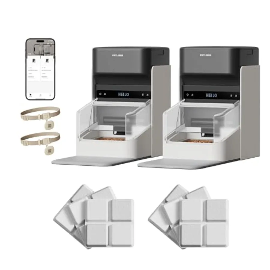 

Автоматическая программируемая Wi-Fi кормушка для кошек (2 шт.) с 12 пакетами осушителя для корма и датчиком на ошейник для индивидуального питания