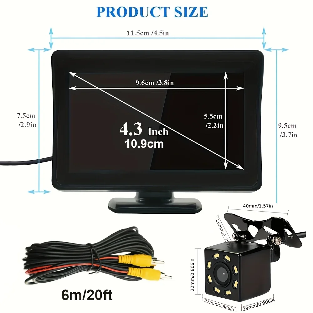 10.92cm HD LCD Backup Camera System with Night Vision, 8 LEDs, Easy Installation - Fit for Sedans, SUVs, RVs, Pickups - Enhances