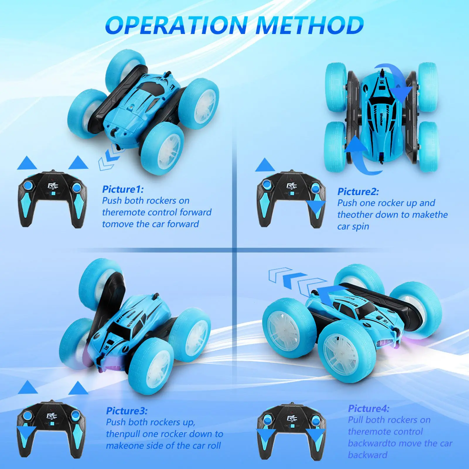 2.4G Double Sided RC Stunt Car 360 Degree Flip Rotating Remote Control Car with Light 2 Rechargeable Batteries Blue
