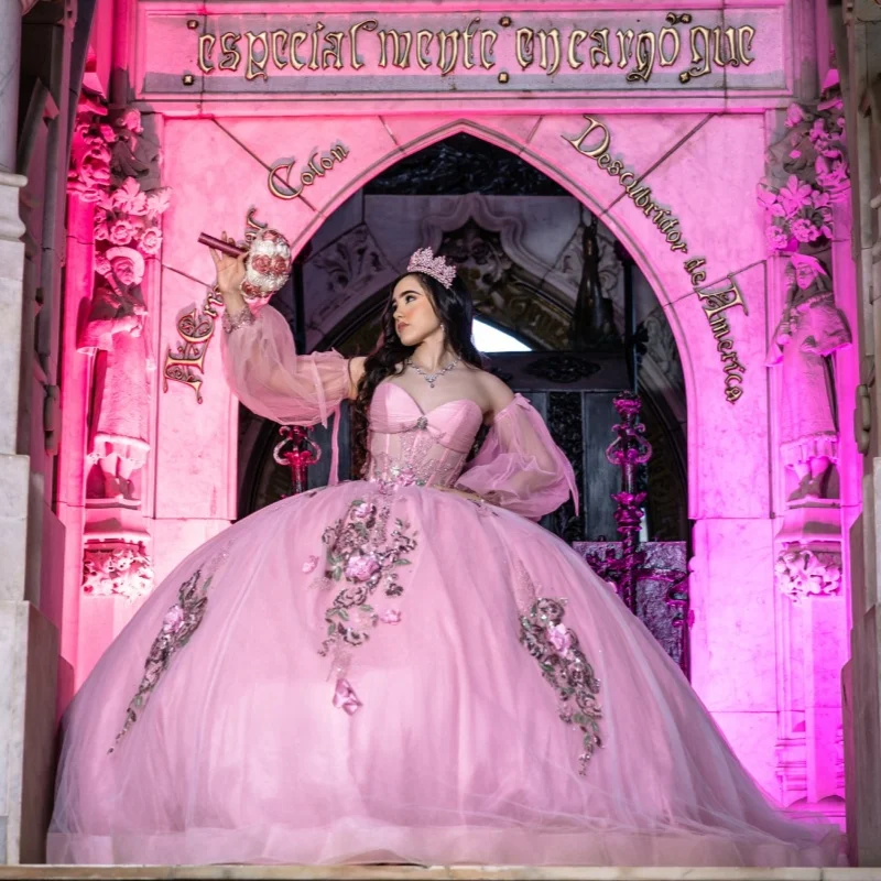 

Pink Quinceanera Dresses Off the Shoulder Crystal Glitter Decal 3D Flower Long tail Bow Vestidoe 15 Quinceanera Customize
