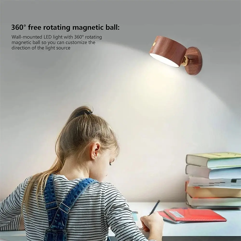 360° Rotating Wooden Wall Mounted Lamp Touch Control Dimmable Magnetic Night Light Warm White Double-sided USB Rechargeable Lamp