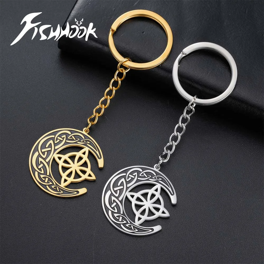 Moon Celtic Witch Knot Keychain for Woman Men Key Chain Ring Stainless Steel Gold Color Supernatural Amulet Pendant Jewelry Gift