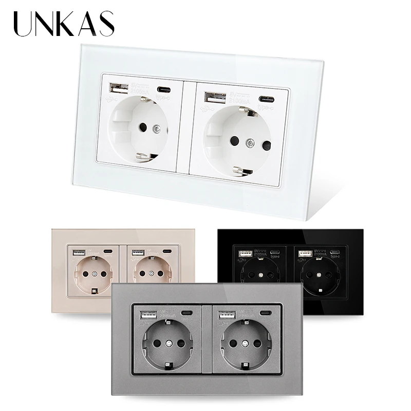 UNKAS 16A Type-C Port EU Standard Socket Black White USB Connector Plug Gray Outlet Grey Tempered Glass Panel Gold Power Russia