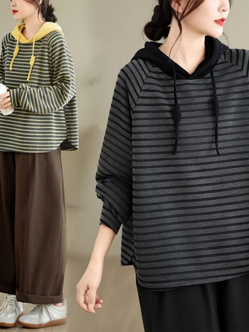Large size women's clothing 2026 autumn Korean version loose striped hooded sweatshirt casual versatile top j1780