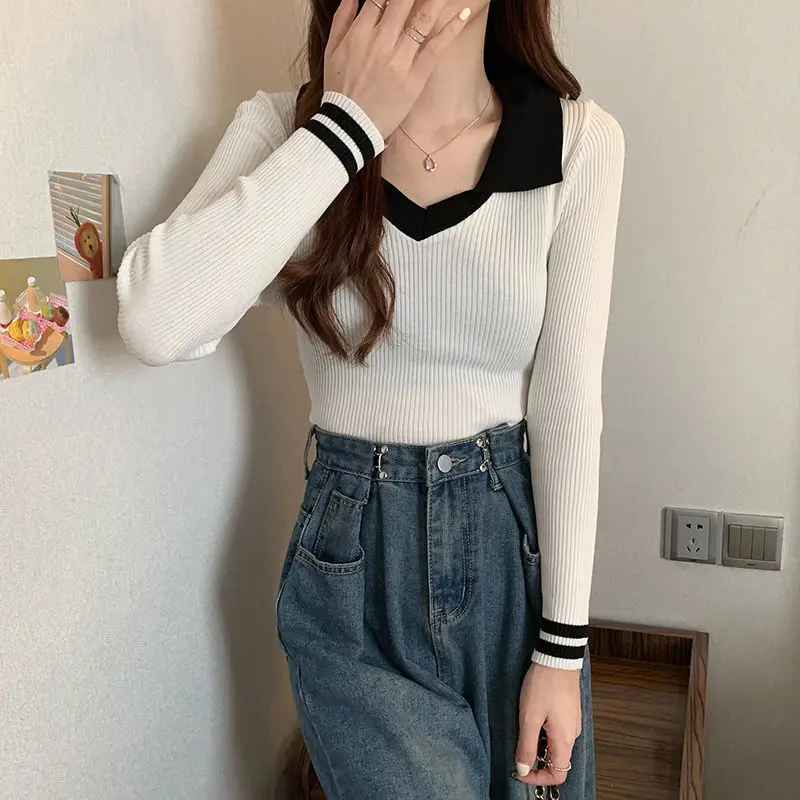 Y2k Clothing Streetwear T Shirts Tops Harajuku Casual Women Fashion Party Polo Collar Patchwork Ropa De Mujer Korean Knit Tees