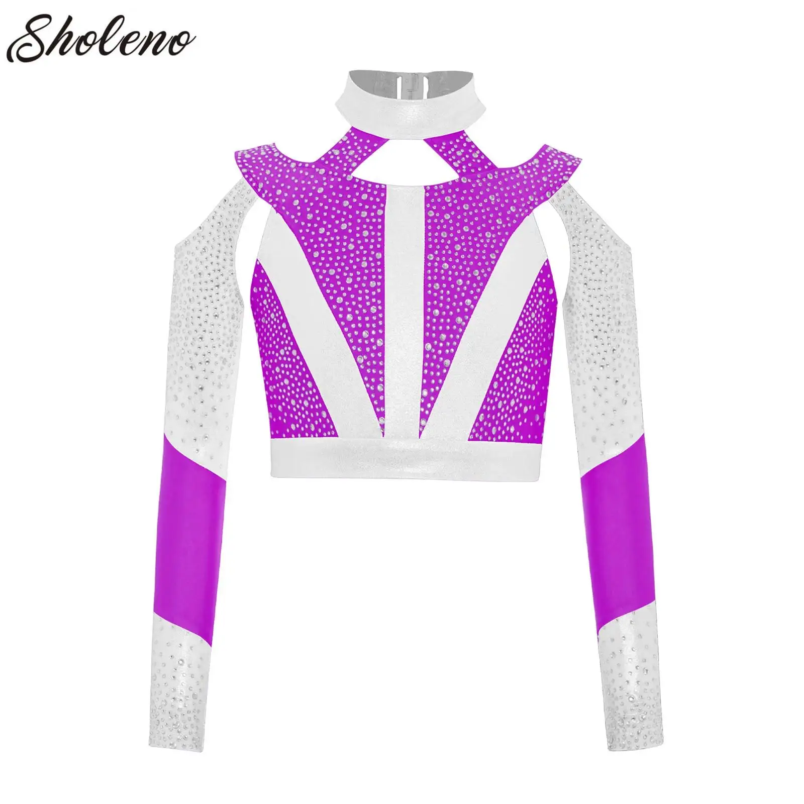 

Girls Glitter Modern Jazz Dance Top Rhinestone Long Sleeve Crop Top Ballet Ballroom Performance Costume for Latin Cheerleading