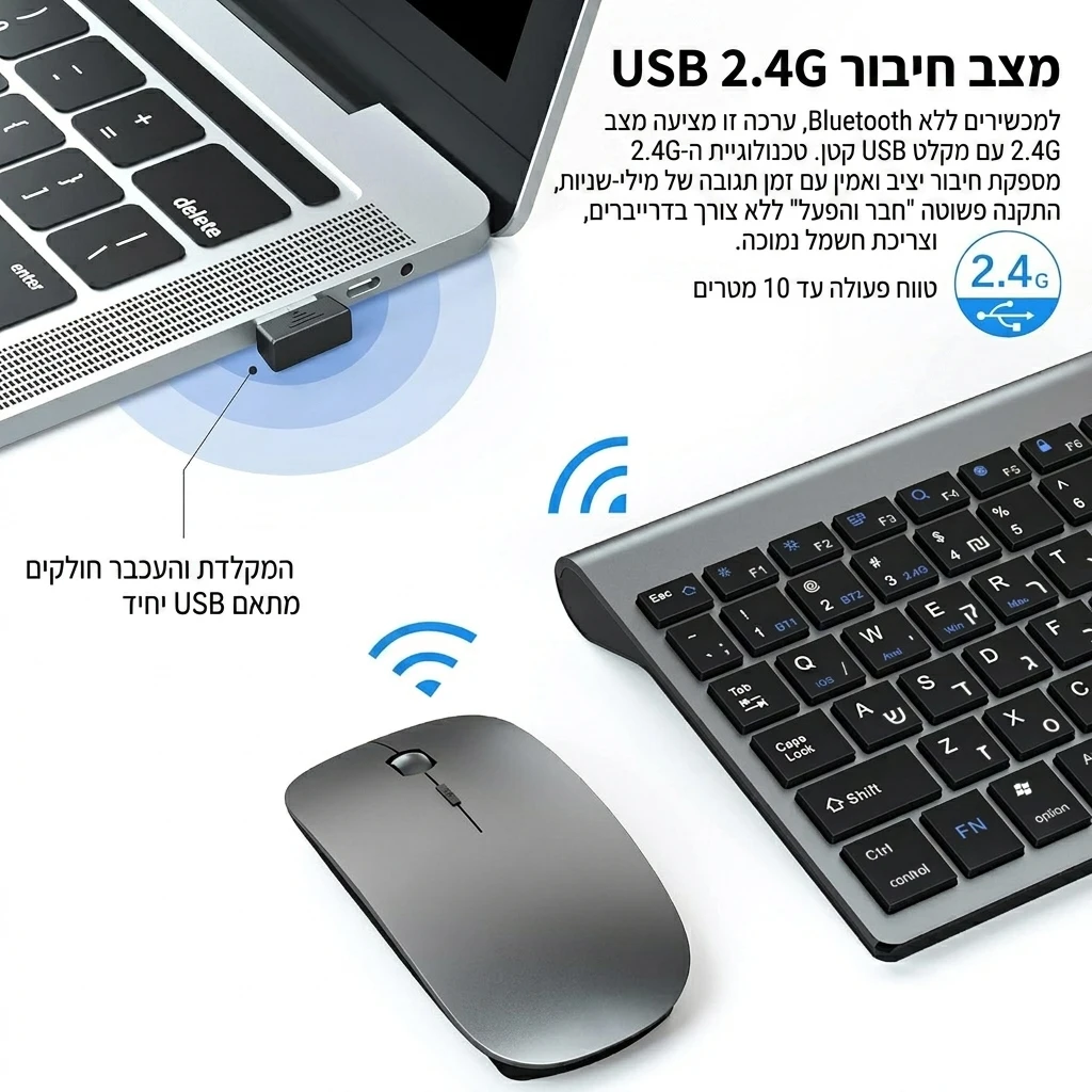 Ultracienka bezprzewodowa klawiatura i mysz z podświetleniem liter hebrajskich i angielskich, obsługująca tryb podwójny 2.4G i Bluetooth, do laptopów, komputerów stacjonarnych, IOS i Windows. — zdjęcie produktu 4