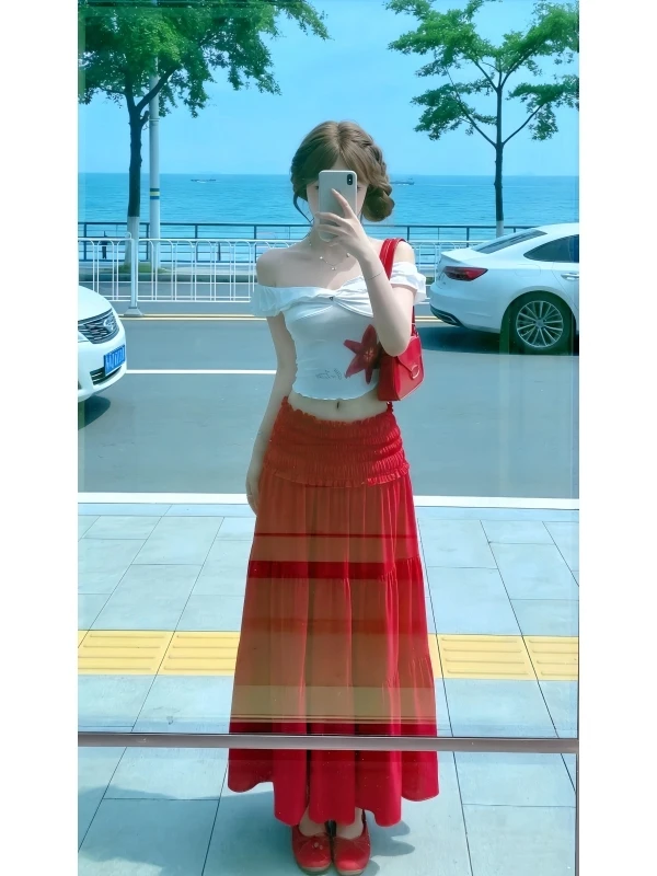 

Красный комплект из топа на одно плечо и юбки с цветочным принтом, с высокой талией, в стиле летнего отпуска, модный, для создания образа Pure Desire