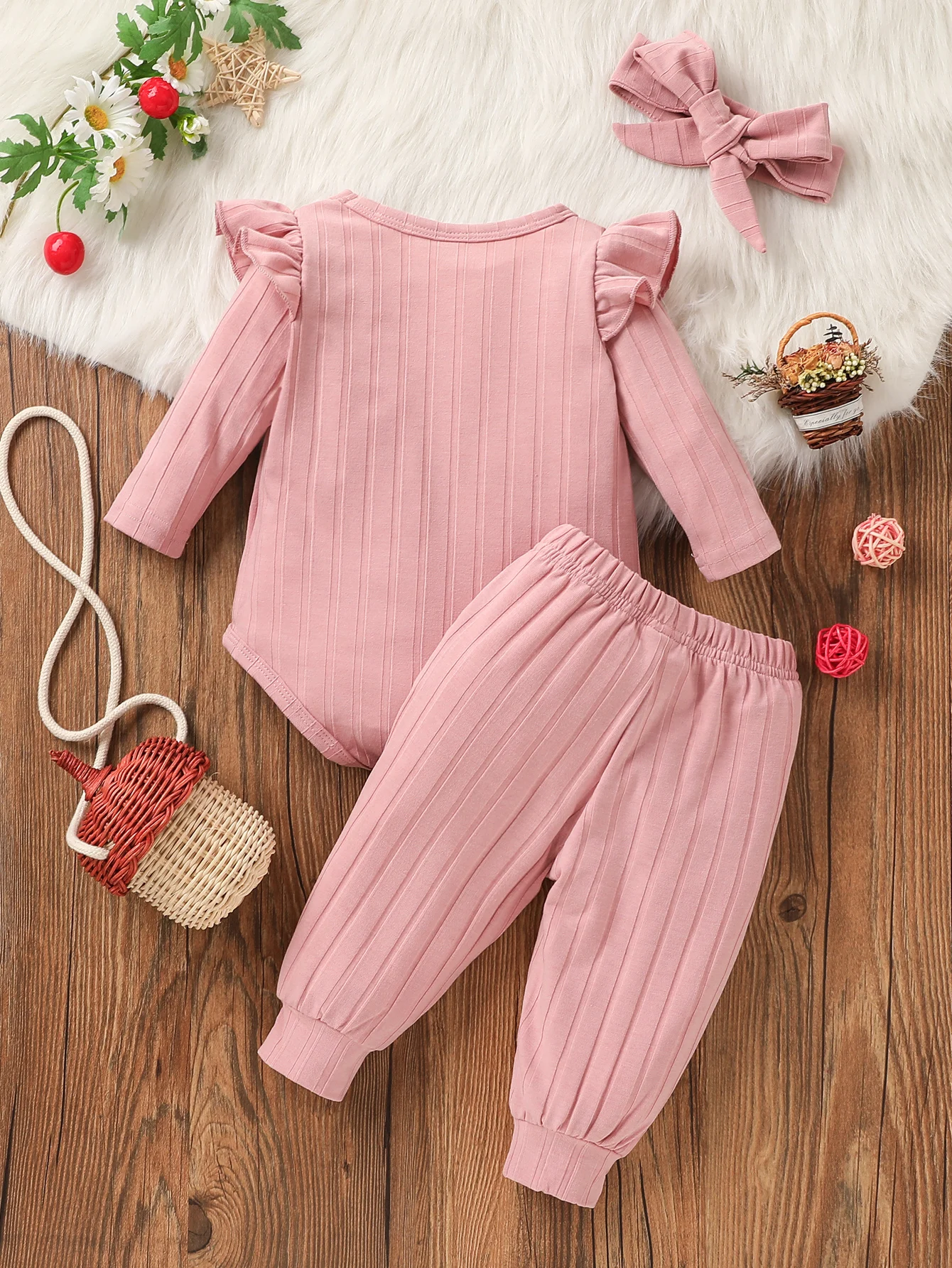 Baby Girl\'s full Solid All Seasons Pink Pantsuit With Bow For Cute Daily Wear Clothes+Headband