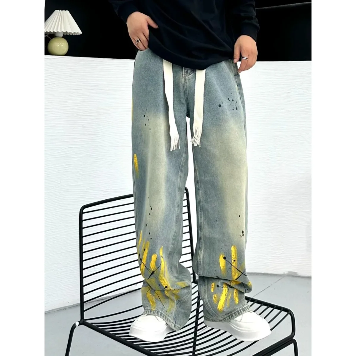 American Style Casual Men's Jeans Hand-Painted Spray Ink Fashionable Straight Legged Wear-Resistant Autumn Seasonal Pants
