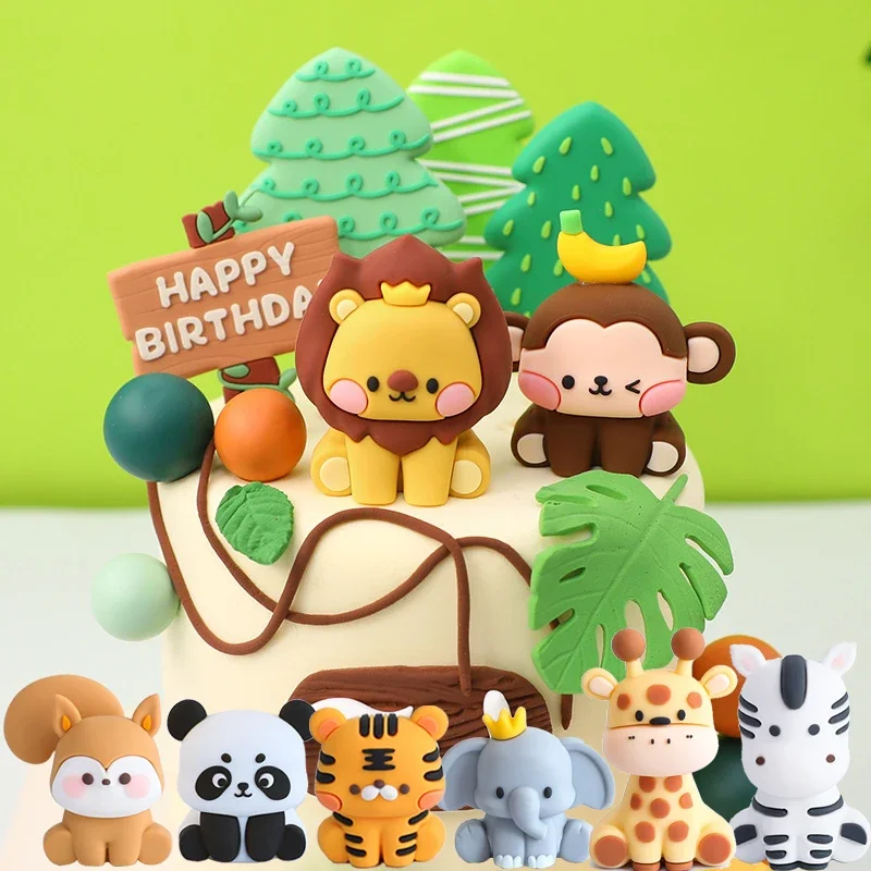 

Jungle Safari Animal Cake Topper Lion Giraffe Monkey Elephant for Baby Shower Cake Decoration First Birthday Party Cute Gift