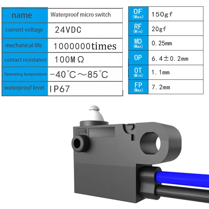 1Pcs Waterproof micro switch DW2 IP67 waterproof high travel limit detection switch, charging gun long button