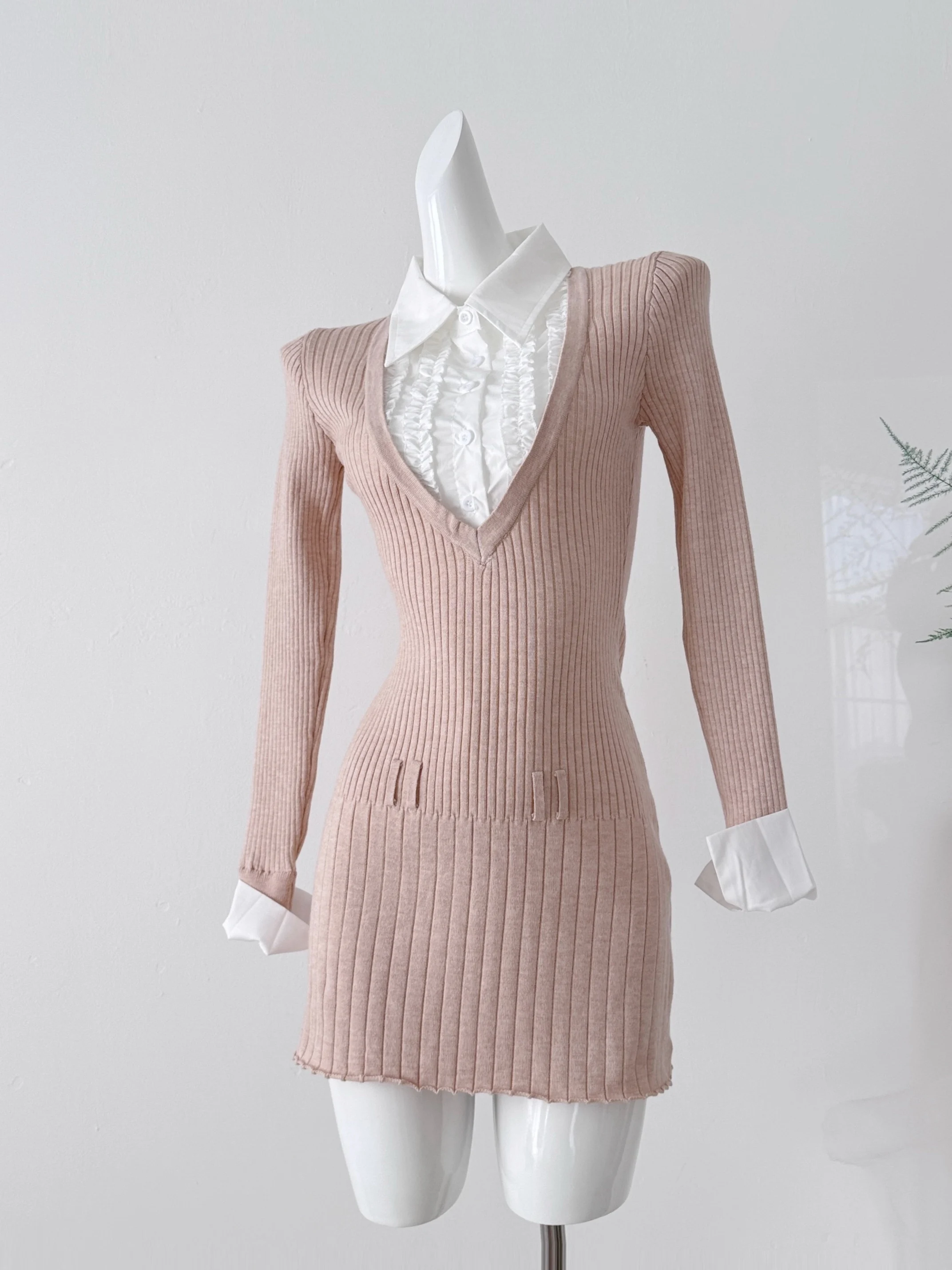Vestido de Punto de Alta Calidad New York Art para Mujer, Falda Interior, Falda Plisada de Dos Piezas Simulada, Vestido con Cuello de Camisa, Estilo Urbano para Viajes Diarios