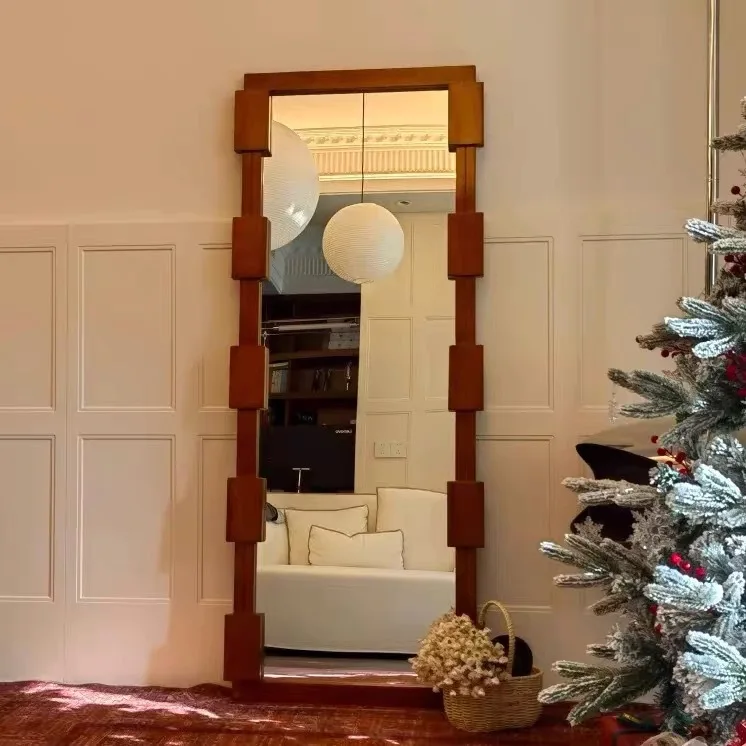 Medieval style all-solid wood mirror full-body mirror French household wall-mounted entrance mirror special-shaped full-length m