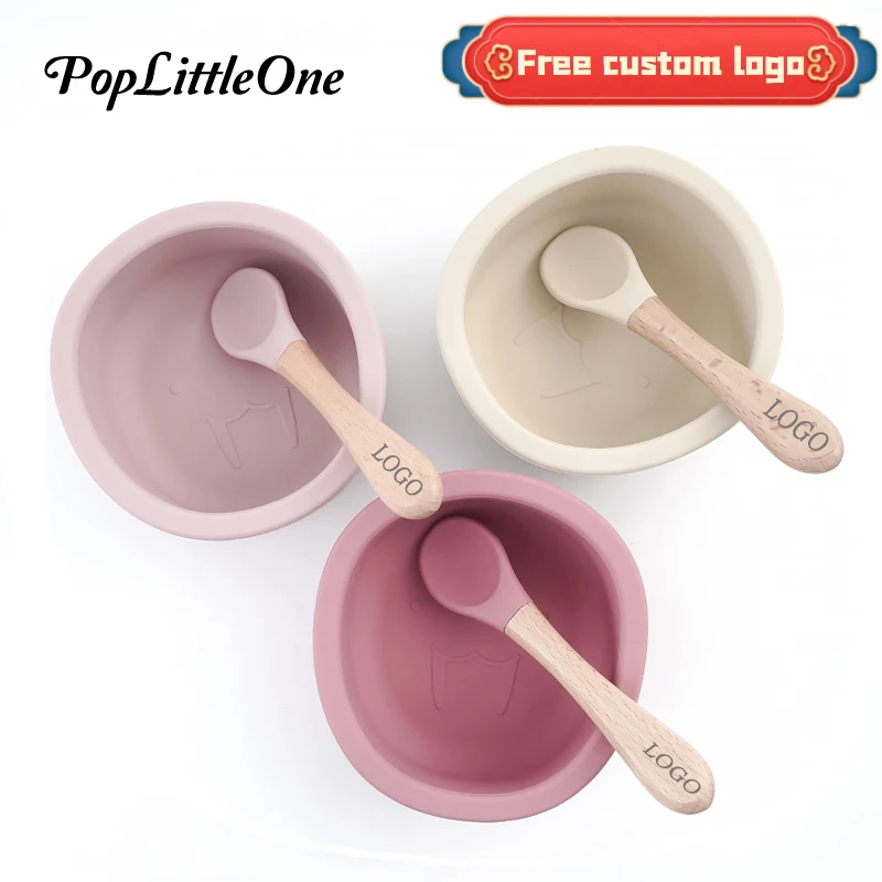 Children's Cutlery Set Baby Feeding Bowl Silicone Spoon Wooden Handle Cartoon Animal Bowl Powerful Suction Cup PBA Free