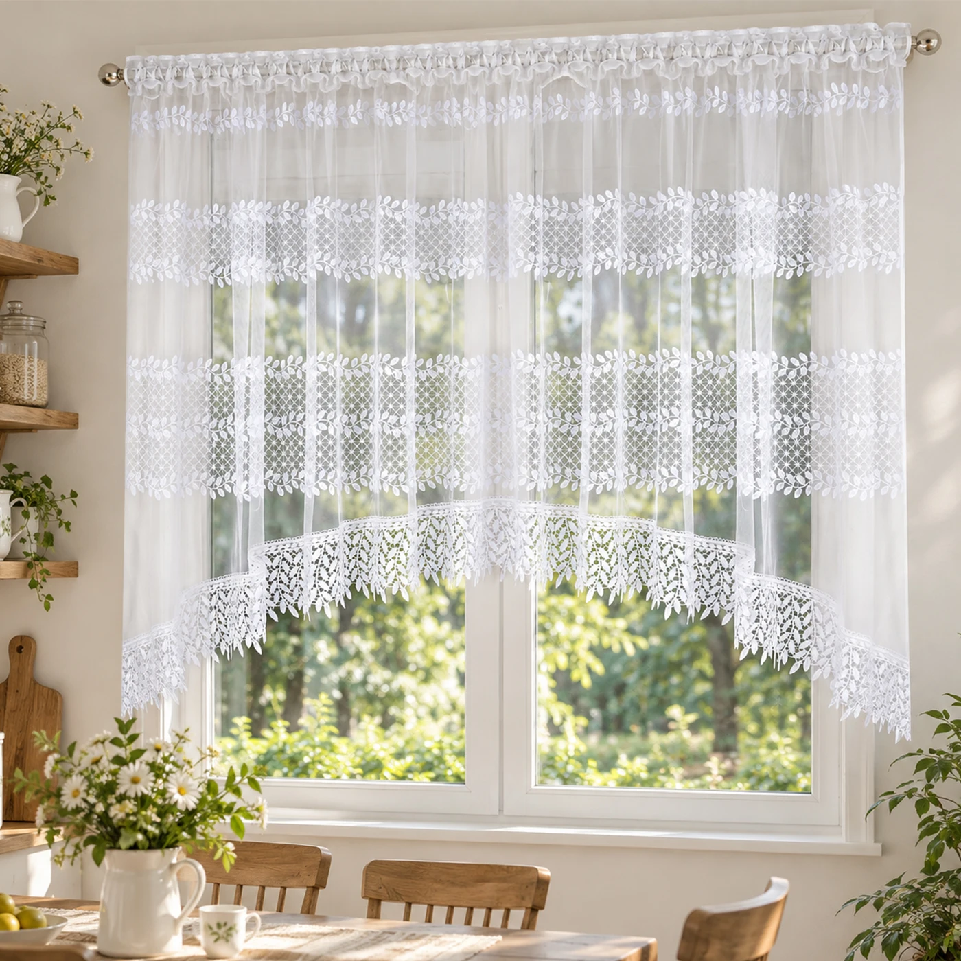 1PC Rod Pocket Floral Embroidered Lace Sheer Curtain, Semi-transparent Window Drape, For Bedroom, Sweet Housewarming Gift