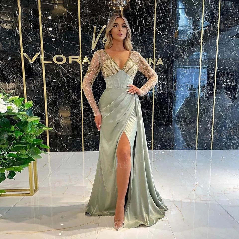 

Classic Modern Green Women's Mermaid Beaded Evening Dresses Charming V Neck Long Sleeve Prom Gowns Split فساتين حفلة موسيقية