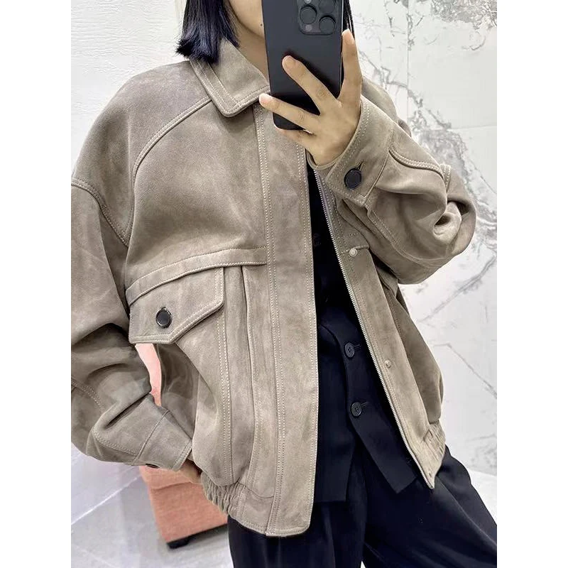 여성용 리얼 스웨이드 재킷 가을 겨울 루즈핏 라펠 지퍼 툴링 포켓 그레이/브라운 염소 가죽 프로필 코트 몬타우 여성용
