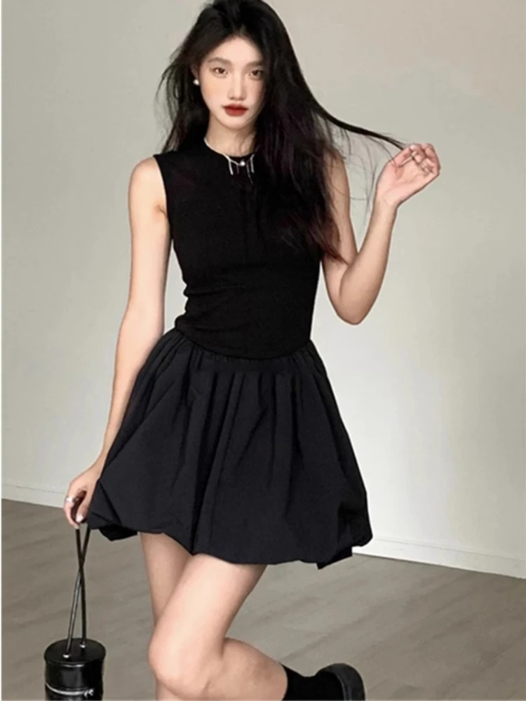 Vintage Mini Dress Women Sexy Backless Pleated Dresses Elegant Summer 2024 Sleeveless Dress Korea Fashion Street Lady Robe Beach