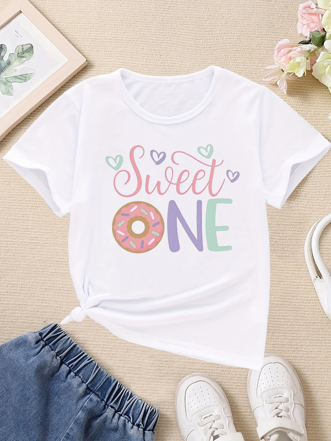 1st Birthday Sweet Donut Hearts Printed T-Shirt Girls Kawaii Kids Clothes Summer Short Sleeve T-Shirt
