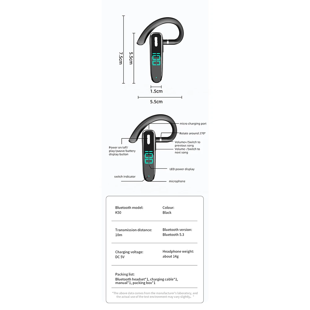Wireless Bluetooth-compatible Headset K50 Hanging Ear Enc Call Noise Reduction Digital Display Business Earphone