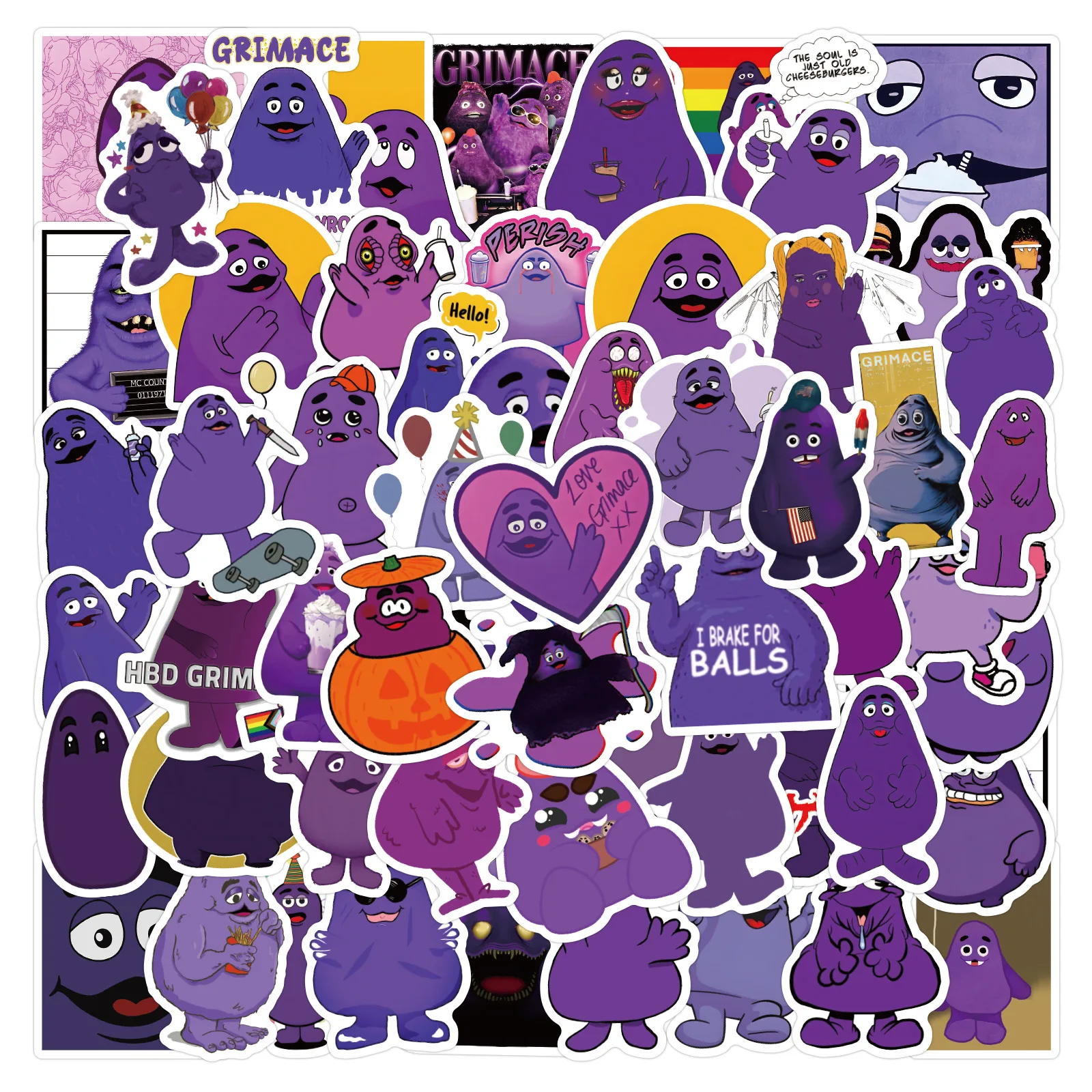 60PCS Purple Grimace Cartoon Graffiti Sticker Kawaii Humorous Fun Ghost Face Expression Pack Phone case Decorative Sticker Toy