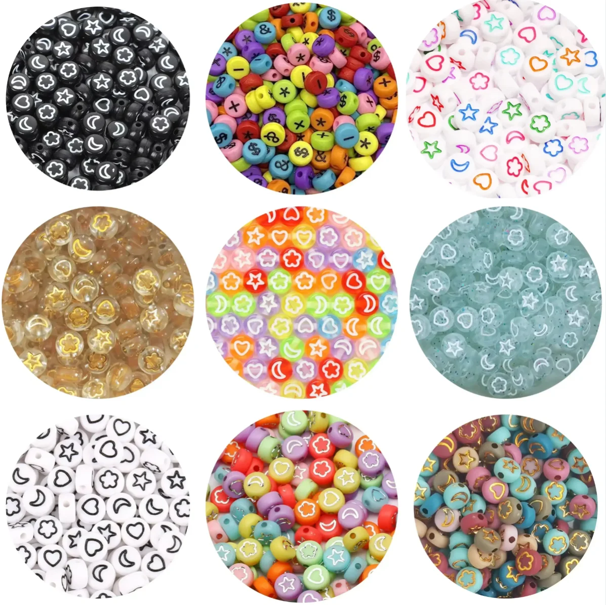 100-500PCS Acrylic Moon Star Flower Heart Beads Mixed Colorful Flat Round Spacer Beads For Jewelry Making Diy Bracelet Necklace