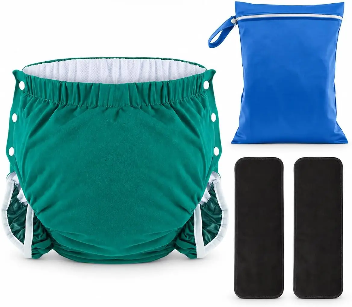 Reusable Adult Cloth Diaper with 2 Absorbent Inserts and Laundry Bag, Washable Incontinence Underwear (Green,XXL)