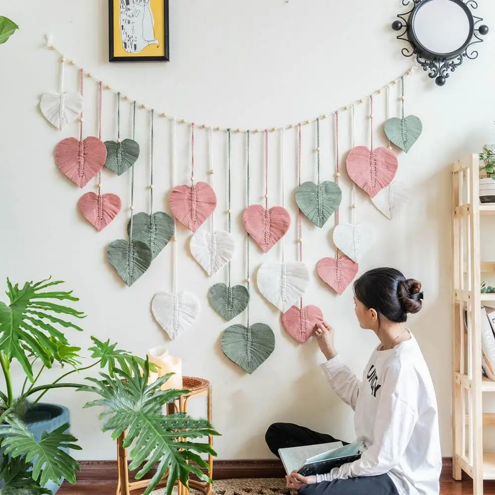 Handwoven Tapestry Wall Decorative Tassel Photo Stream Nursery Background Wall Bedroom Wall Art Nordic Style Cotton Heart Pat...