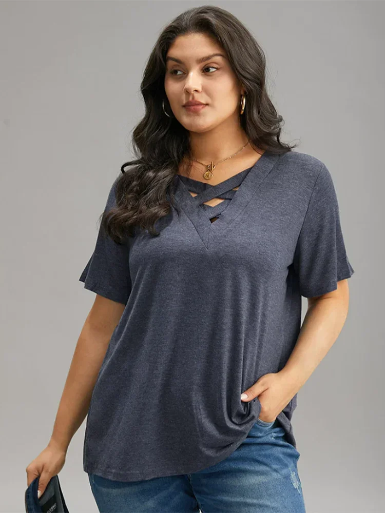 

Plus Size Women's T shirt Short Sleeve Solid Cutout Casual Soft Basic Summer Tops 2024 Elegant Vintage Tee Tops for Women