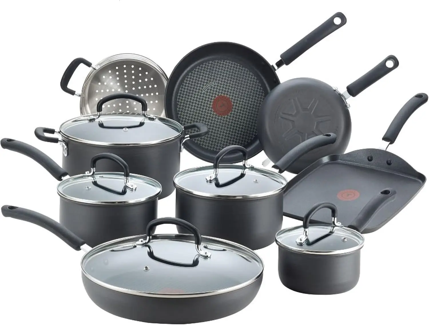 Lid Safe 350F, Kitchen Cooking Set w/ Fry Pans, Saucepans, Griddle, Dutch Oven, Pots & Pans, Dishwasher Safe, Black