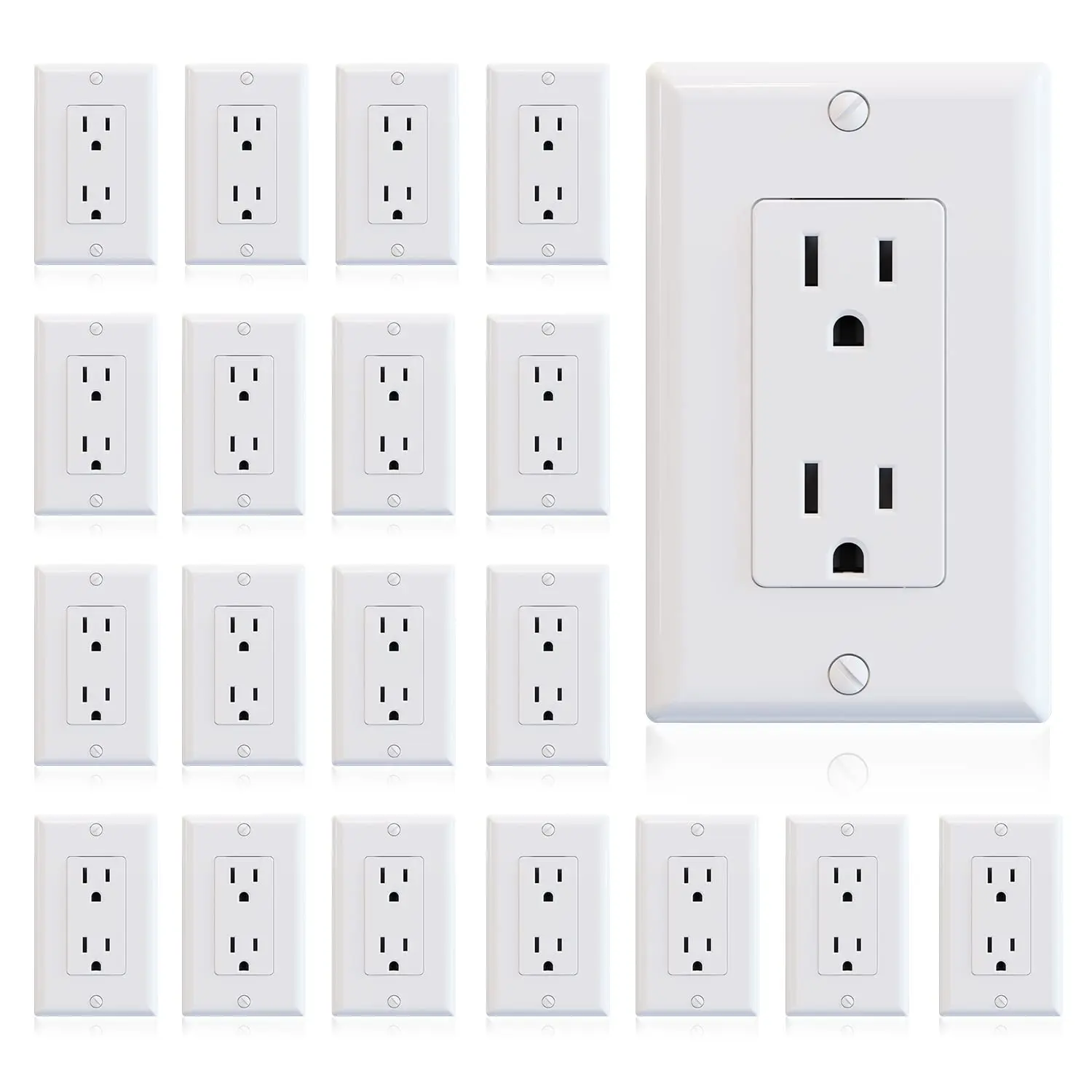 

15A 125V Standard Electrical Wall Outlet, NEMA 5-15R Self-Grounding Receptacle, 2 Pole 3 Wire, Glossy White, UL Listed, 20 Pack