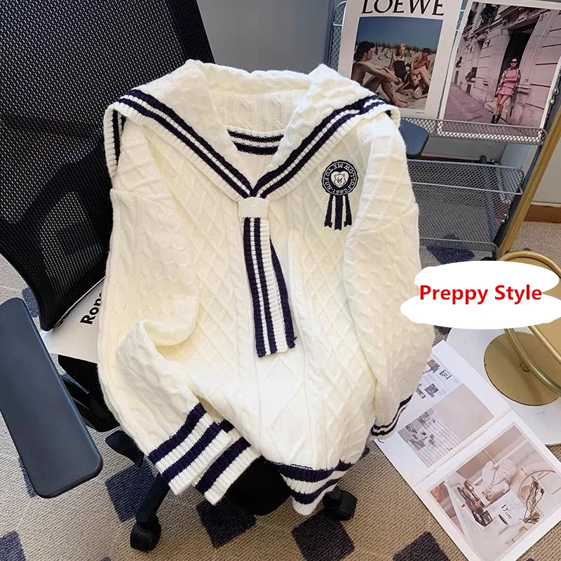 Women Autumn Winter Preppy Style Sweater Pullovers 2023 New Arrival Korean Sailor Collar Long Knitted Tops Sweet Pink Knitwear