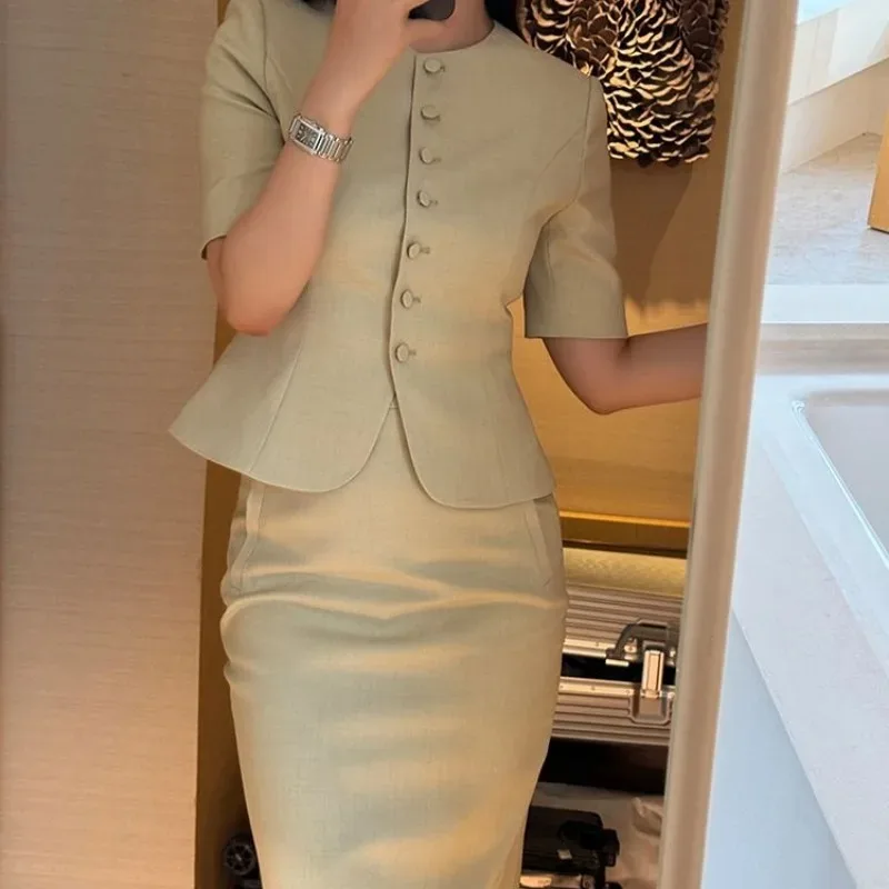 Office Sexy Women\'s Two Piece Set Short Sleeve Female Outfits Midi Solid Color Skirt Suits Clothing Trend 2024 Korean Style Full