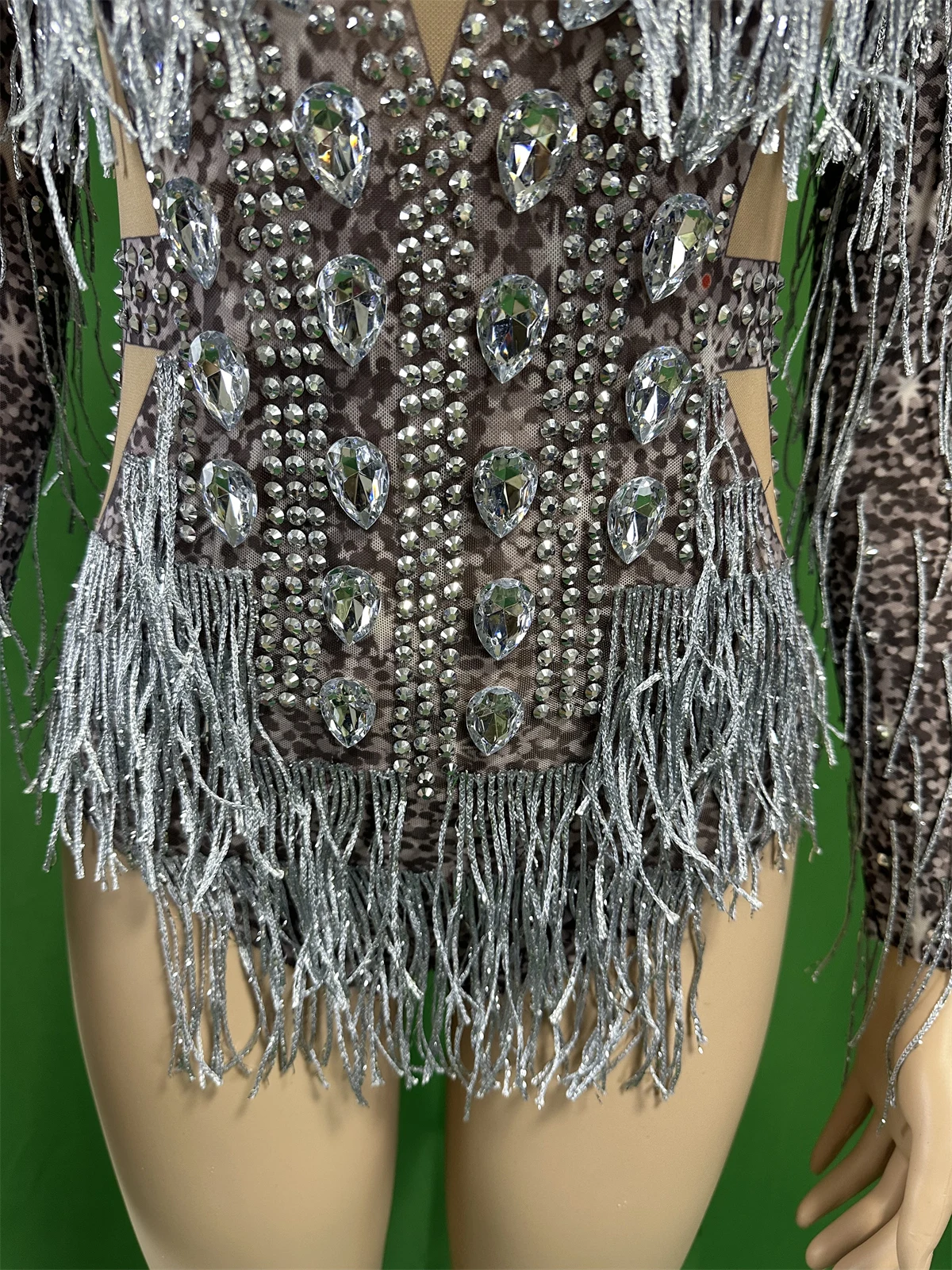 Frauen Silber Grau Fransen Glänzende Strass Elastische Dj Ds Gogo Nachtclub Bodys Pageant Dance Sänger Leistung Outfits