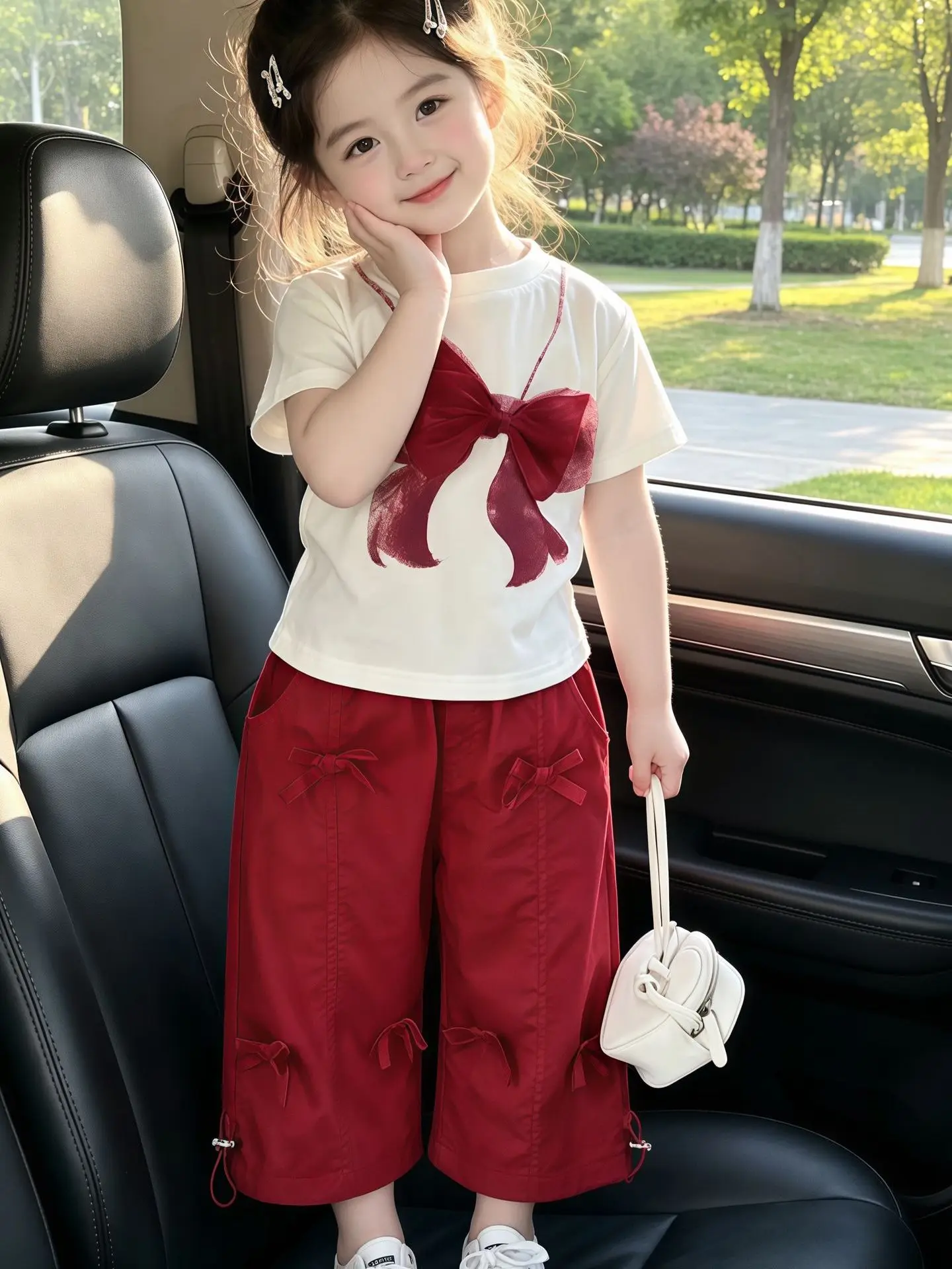 girls-summer-thin-cartoon-print-bow-tie-short-sleeve-two-piece-set-wide-leg-pants-ensemble-children's-fashion-outfit