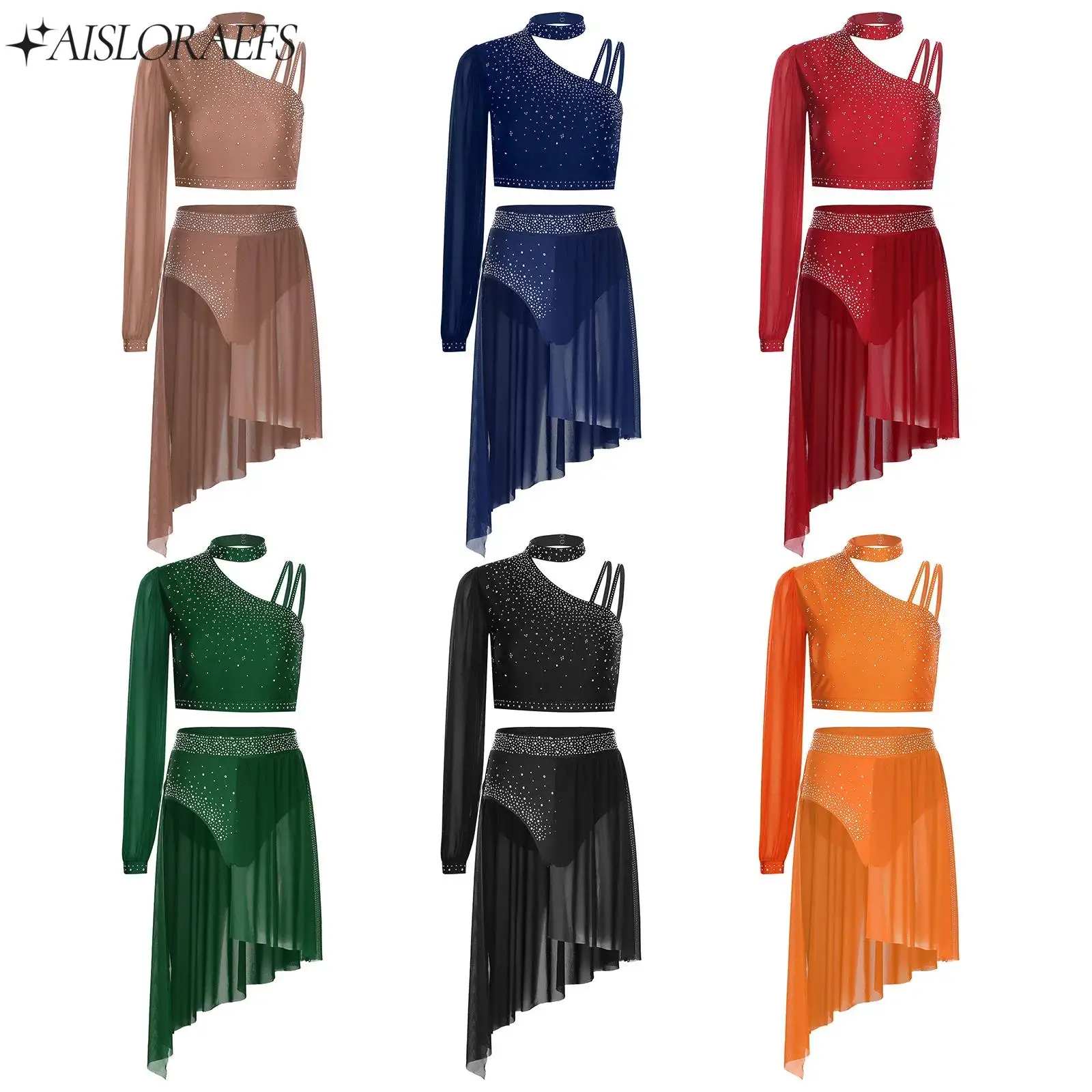 

Womens Modern Lyrical Dance Set Latin Jazz Dance Performance Party Costumes Rhinestone Asymmetrical Crop Top Briefs with Skirted