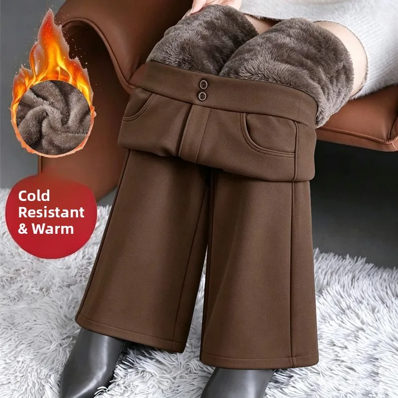 Thickened Fleece High Waist Women's Elastic Casual Pants Wide Leg Pants Autumn Winter Fashion plus Size Comfortable Warm Trou...