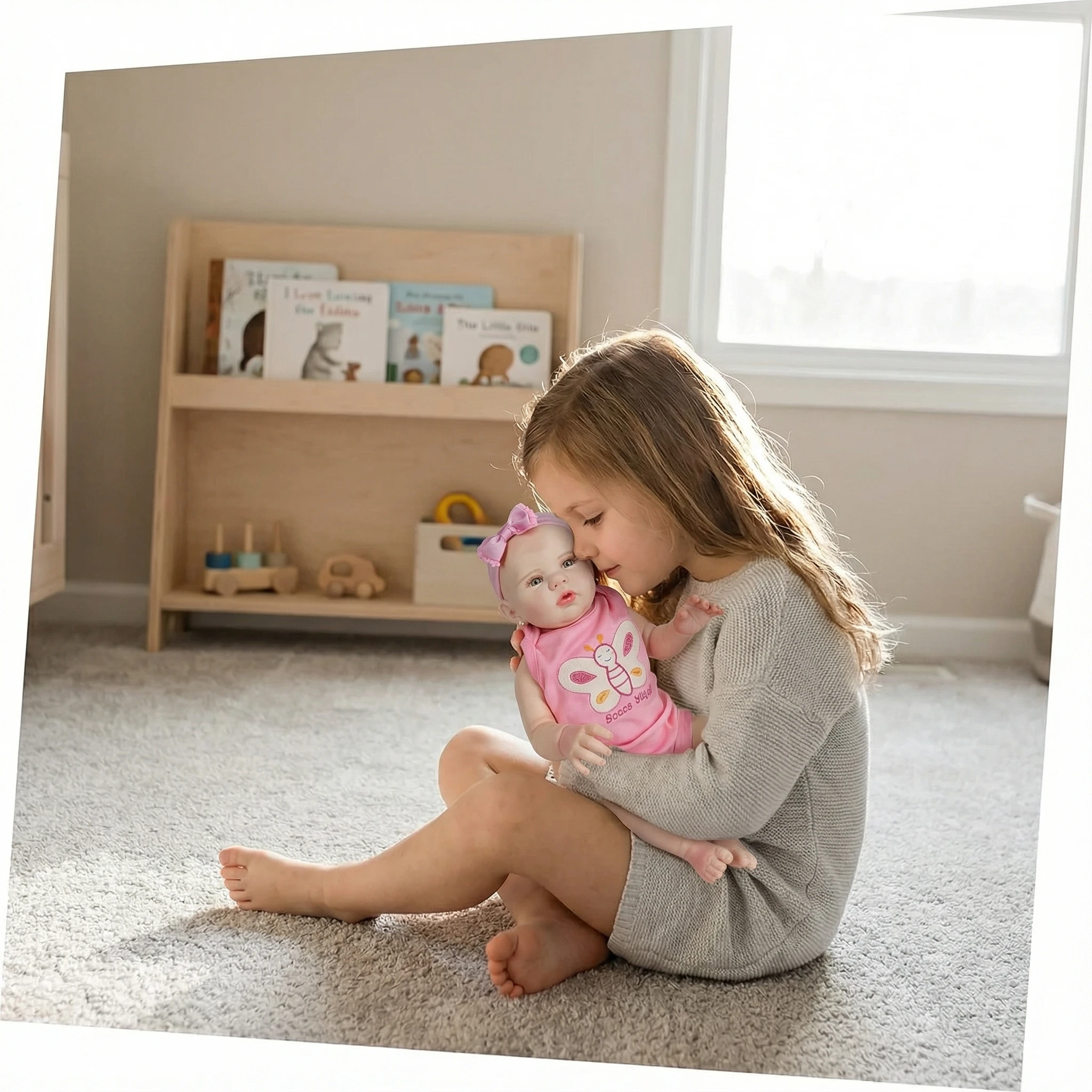 NPK 19-Zoll lebensechte wiedergeborene Kleinkind-Babypuppe Abigail mit grünen Augen Vollvinyl weicher Körper rosa Stoff Mädchenspielzeug