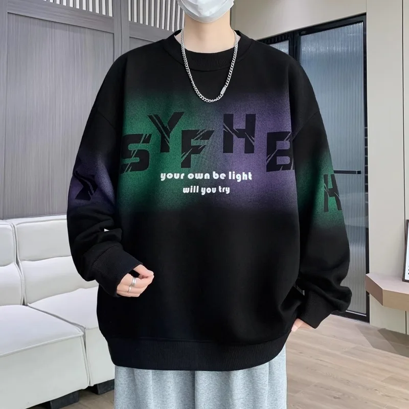 Outono moletom solto masculino M-6XL coreano na moda manga longa camiseta moda masculina roupas preto o pescoço harajuku topo novo