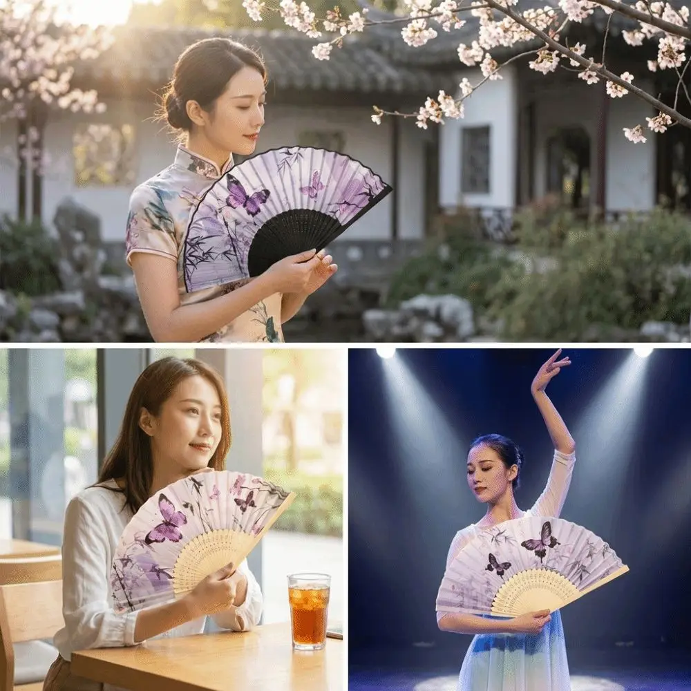Chinese Style Silk Folding Fan Butterfly Pattern Handmade Retro Bamboo Fan Cooling with Tassel Decorative Fan Gift Giving