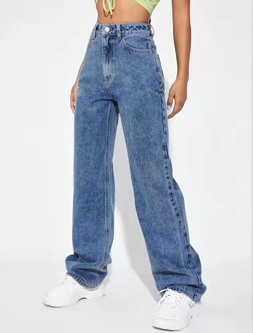Pantalon en denim taille haute pour femme, jean droit décontracté, jambe large, simple, 2024
