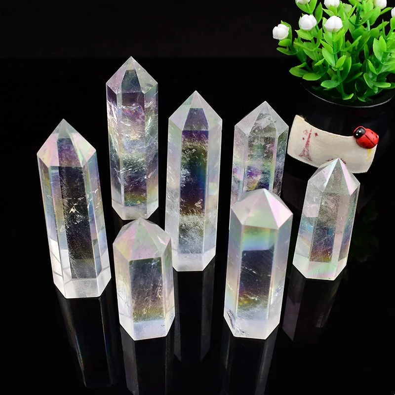 Obelisco de Cuarzo Transparente con Puntos de Cristal Aura, Varita de Halo Colorida, Hermoso Adorno para Decoración del Hogar, Pirámide, Recuerdo, Regalo DIY