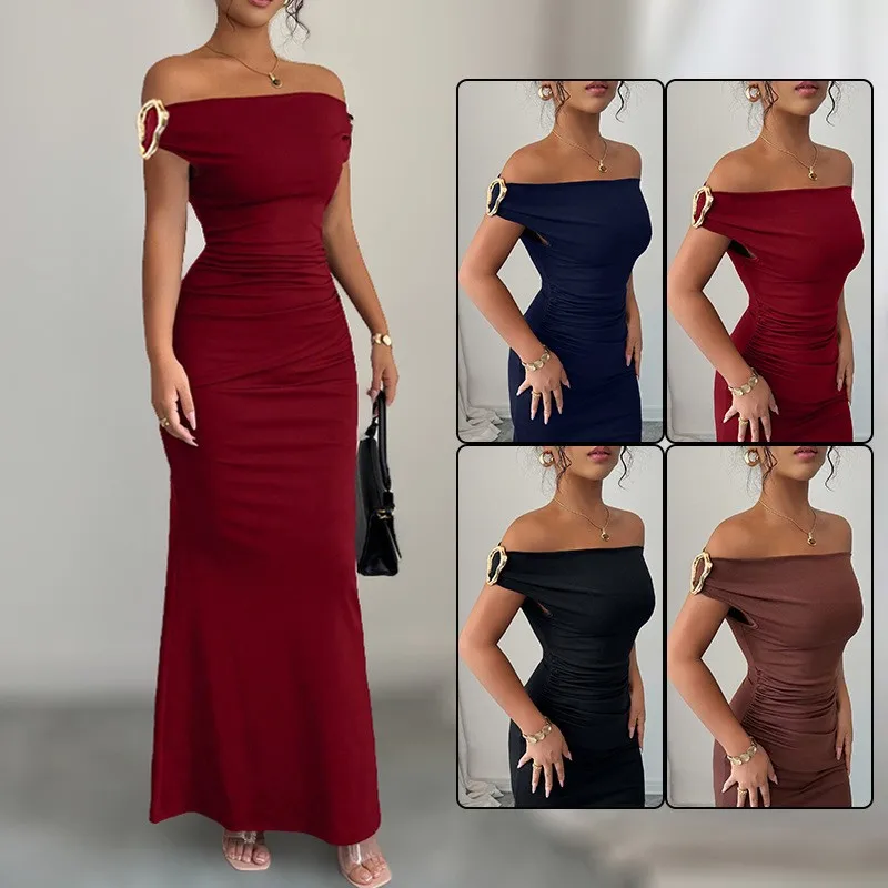 Elegant Party Dress Off Shoulder Square Neck Long Sleeve Dresses Ruched Waist Metal Buckle Evening Dress Deep Red Maxi Dress