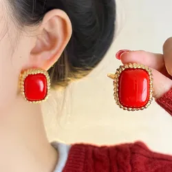 Vintage Geometric Metal Square Resin Earrings for Women European And American Personality Exaggerated Unique Trendy Jewelry Gift