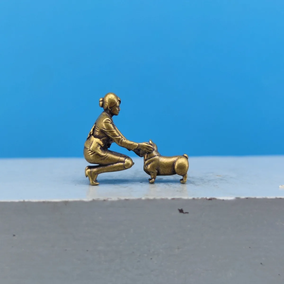 Mini Brass Lady and Dog Figurine Squatting Woman Petting Dog Diorama Miniature Terrarium Micro Landscape Desktop Decor